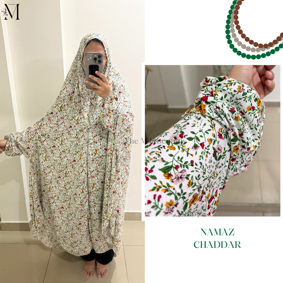 White Cotton Floral Namaz Chaddar - The M Essentials